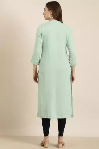 women's calf length mandarin collar sea green solid straight kurta