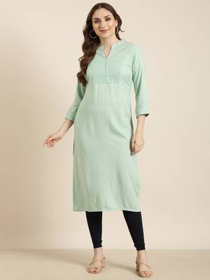 women's calf length mandarin collar sea green solid straight kurta 5