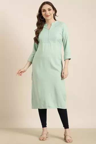 women's calf length mandarin collar sea green solid straight kurta