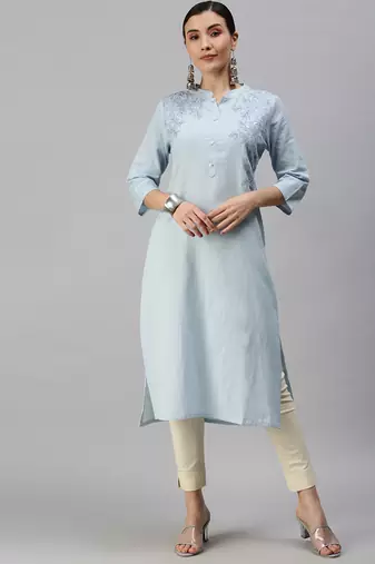 women's calf length mandarin collar blue floral straight kurta