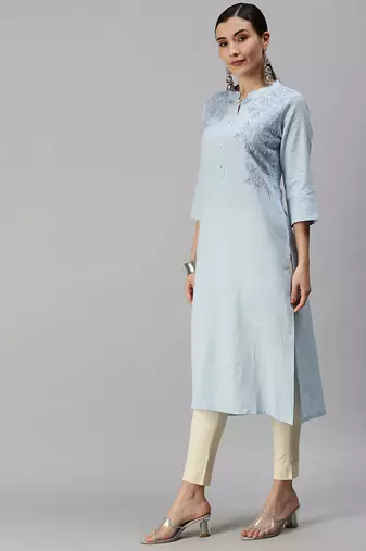 women's calf length mandarin collar blue floral straight kurta