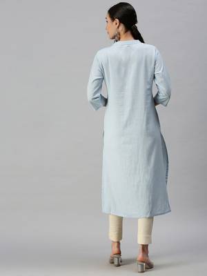 women's calf length mandarin collar blue floral straight kurta 5