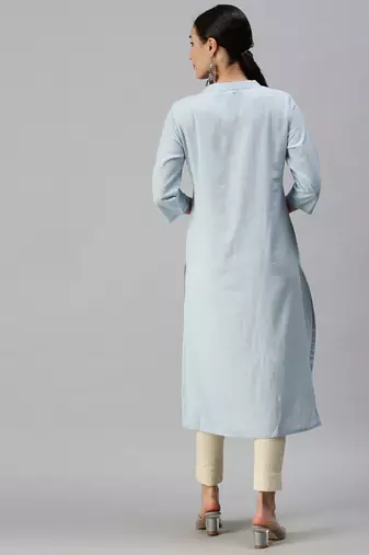 women's calf length mandarin collar blue floral straight kurta