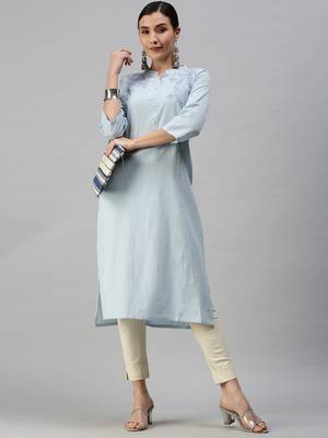 women's calf length mandarin collar blue floral straight kurta 1