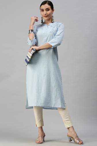 women's calf length mandarin collar blue floral straight kurta