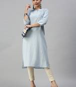 women's calf length mandarin collar blue floral straight kurta