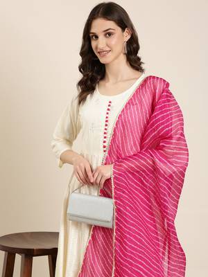 women's ankle length round neck cream floral anarkali kurta comes with duppatta 2