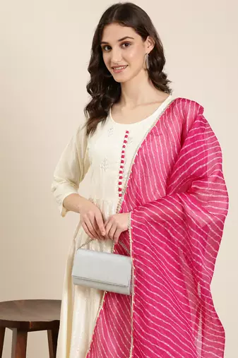 women's ankle length round neck cream floral anarkali kurta comes with duppatta
