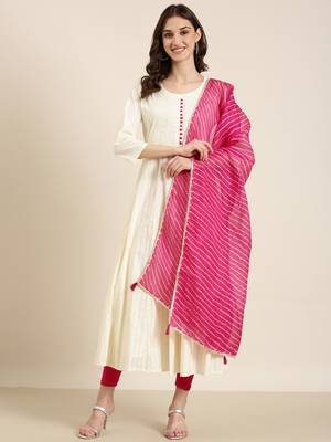 women's ankle length round neck cream floral anarkali kurta comes with duppatta 1