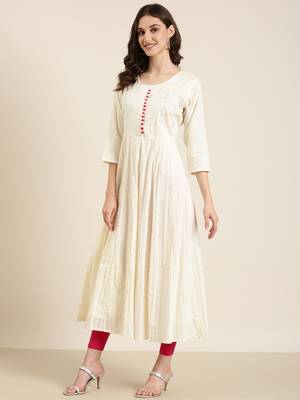 women's ankle length round neck cream floral anarkali kurta comes with duppatta 4