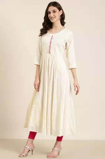 women's ankle length round neck cream floral anarkali kurta comes with duppatta