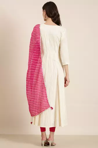 women's ankle length round neck cream floral anarkali kurta comes with duppatta