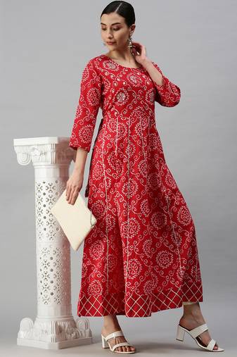 Showoff women's ankle length round neck red bandhani anarkali kurta