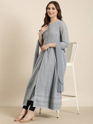 women's ankle length round neck grey embellished anarkali kurta comes with duppatta 1