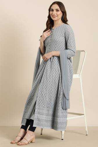 women's ankle length round neck grey embellished anarkali kurta comes with duppatta