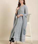 women's ankle length round neck grey embellished anarkali kurta comes with duppatta