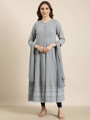 women's ankle length round neck grey embellished anarkali kurta comes with duppatta 2
