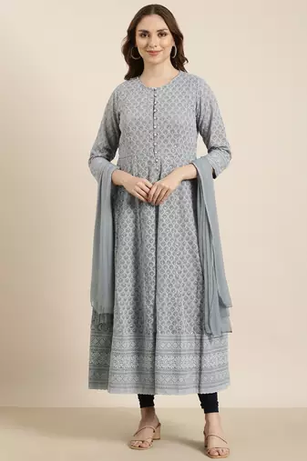 women's ankle length round neck grey embellished anarkali kurta comes with duppatta