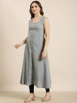 women's ankle length round neck grey embellished anarkali kurta comes with duppatta 3