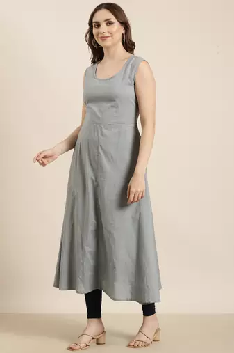 women's ankle length round neck grey embellished anarkali kurta comes with duppatta