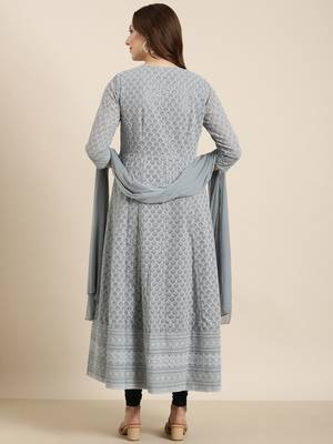 women's ankle length round neck grey embellished anarkali kurta comes with duppatta 4