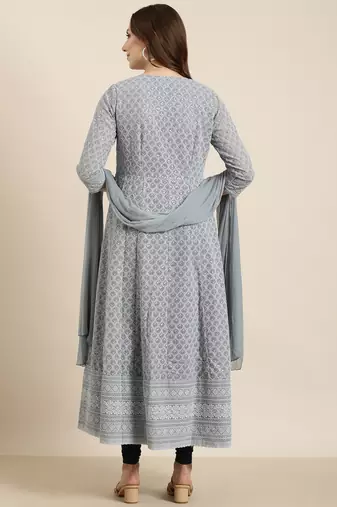 women's ankle length round neck grey embellished anarkali kurta comes with duppatta