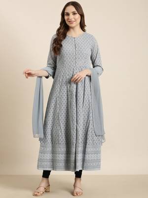 women's ankle length round neck grey embellished anarkali kurta comes with duppatta 5