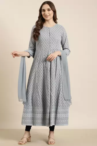 women's ankle length round neck grey embellished anarkali kurta comes with duppatta