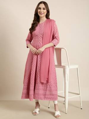 women's ankle length round neck pink embellished anarkali kurta comes with duppatta 1