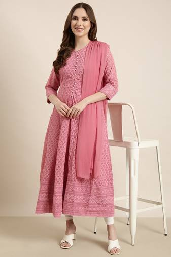 women's ankle length round neck pink embellished anarkali kurta comes with duppatta