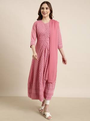 women's ankle length round neck pink embellished anarkali kurta comes with duppatta 2