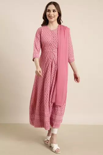 women's ankle length round neck pink embellished anarkali kurta comes with duppatta