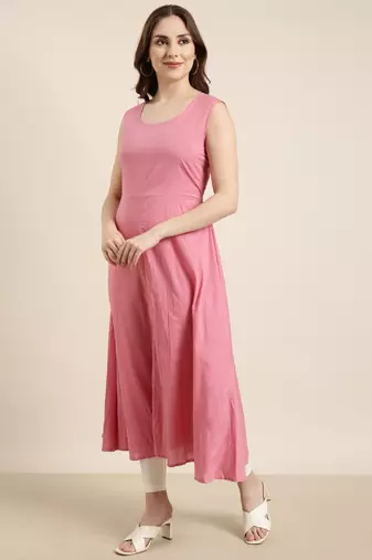 women's ankle length round neck pink embellished anarkali kurta comes with duppatta