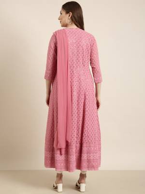 women's ankle length round neck pink embellished anarkali kurta comes with duppatta 4