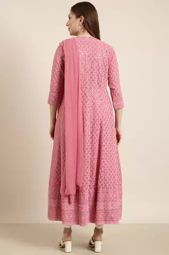 women's ankle length round neck pink embellished anarkali kurta comes with duppatta