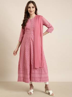 women's ankle length round neck pink embellished anarkali kurta comes with duppatta 5
