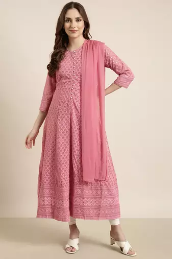 women's ankle length round neck pink embellished anarkali kurta comes with duppatta