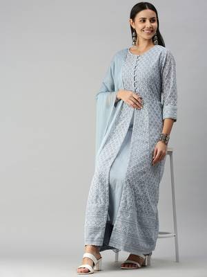 women's ankle length round neck steel embellished anarkali kurta comes with duppatta 1