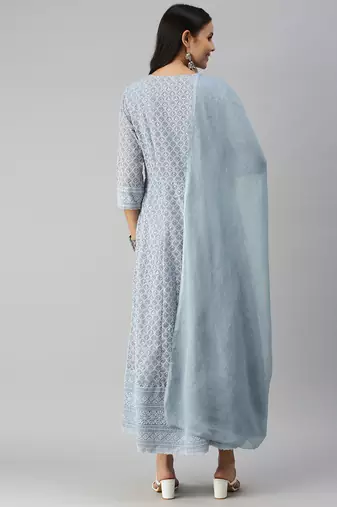 women's ankle length round neck steel embellished anarkali kurta comes with duppatta