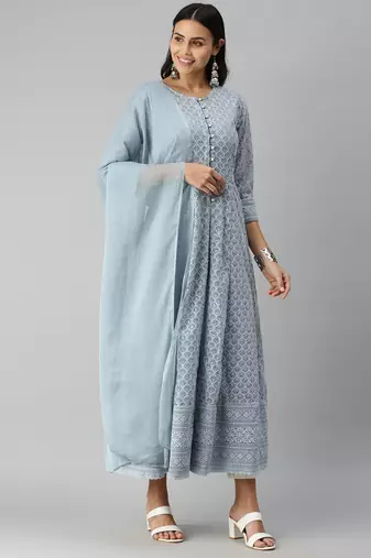 women's ankle length round neck steel embellished anarkali kurta comes with duppatta