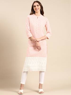 women's knee length mandarin collar peach ethnic motifs straight kurta 1
