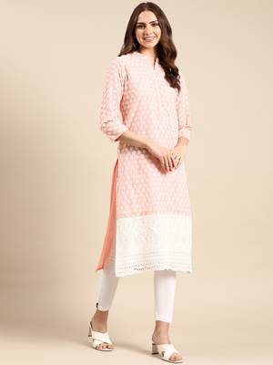 women's knee length mandarin collar peach ethnic motifs straight kurta 4