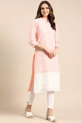 women's knee length mandarin collar peach ethnic motifs straight kurta
