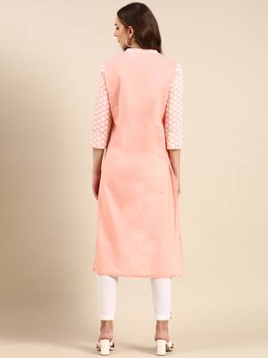 women's knee length mandarin collar peach ethnic motifs straight kurta 5