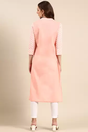 women's knee length mandarin collar peach ethnic motifs straight kurta