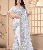White Resham Embroidery Stone Work Net Saree