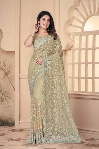 Beige Resham Embroidery Stone Work Net Saree