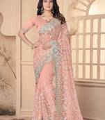 Peach Resham Embroidery Stone Work Net Saree