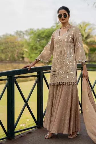 Rose gold tissue embroidered gharara set