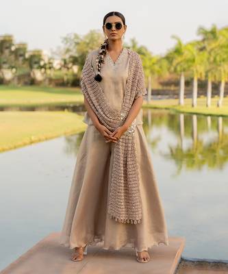 Beige tissue embroidered sharara set 1